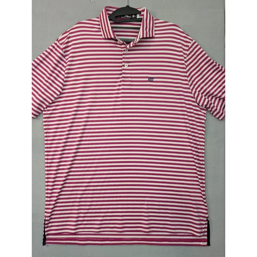 RLX Ralph Lauren Polo Shirt Men Large Pink Striped Stretch Golf Performance